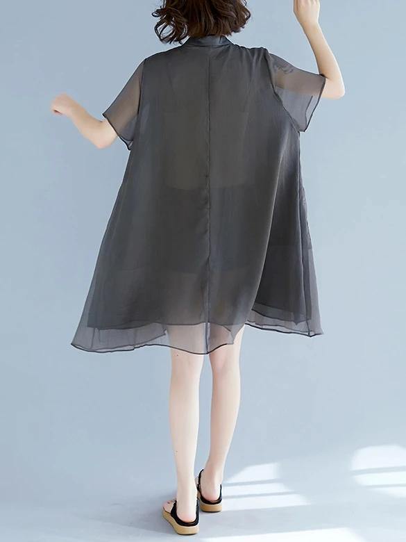 Stand Collar Pockets Outfit Sewing Gray Dresses
