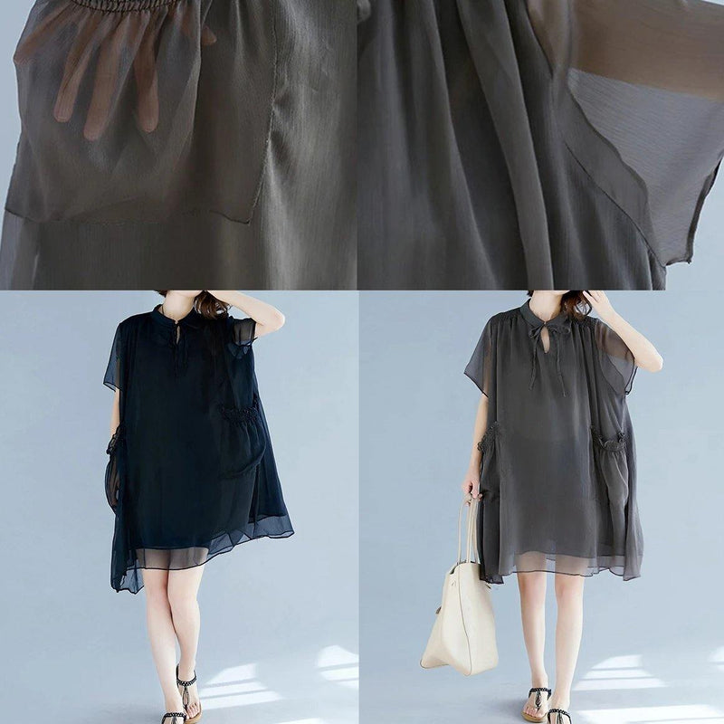 Stand Collar Pockets Outfit Sewing Gray Dresses