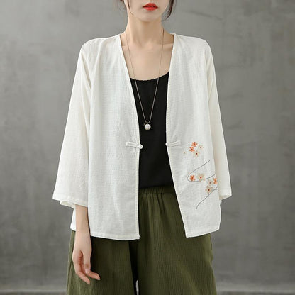 V Neck Chinese Button Crane Tops Pattern White Shirts