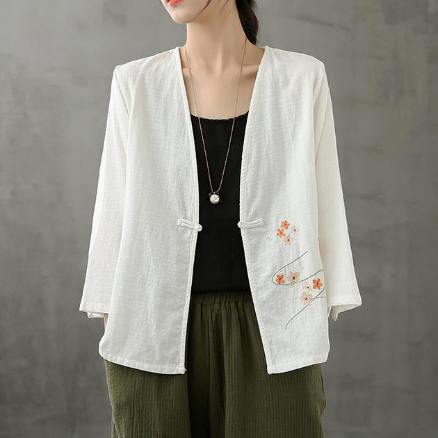 V Neck Chinese Button Crane Tops Pattern White Shirts
