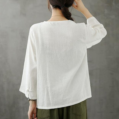 V Neck Chinese Button Crane Tops Pattern White Shirts