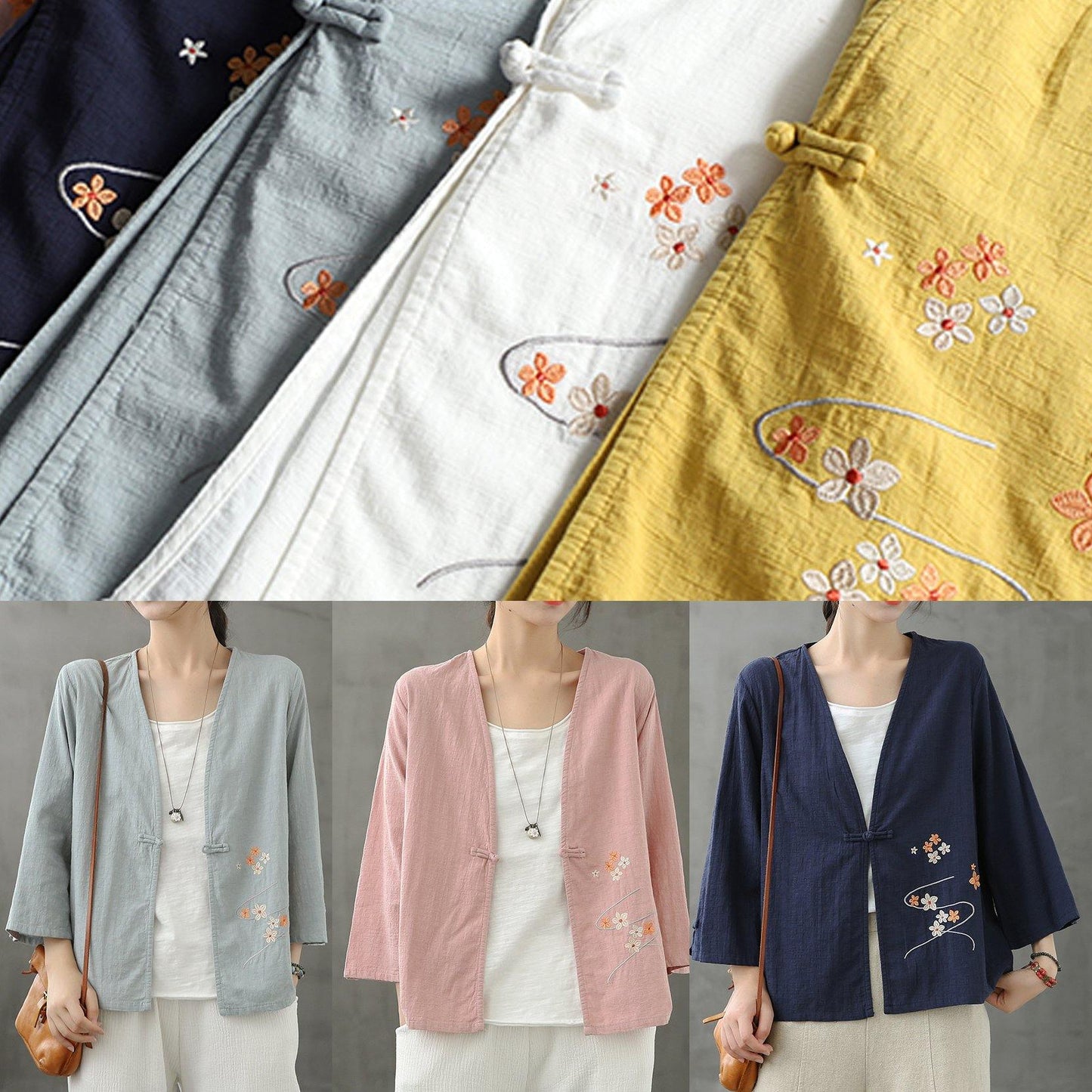 V Neck Chinese Button Crane Tops Pattern White Shirts