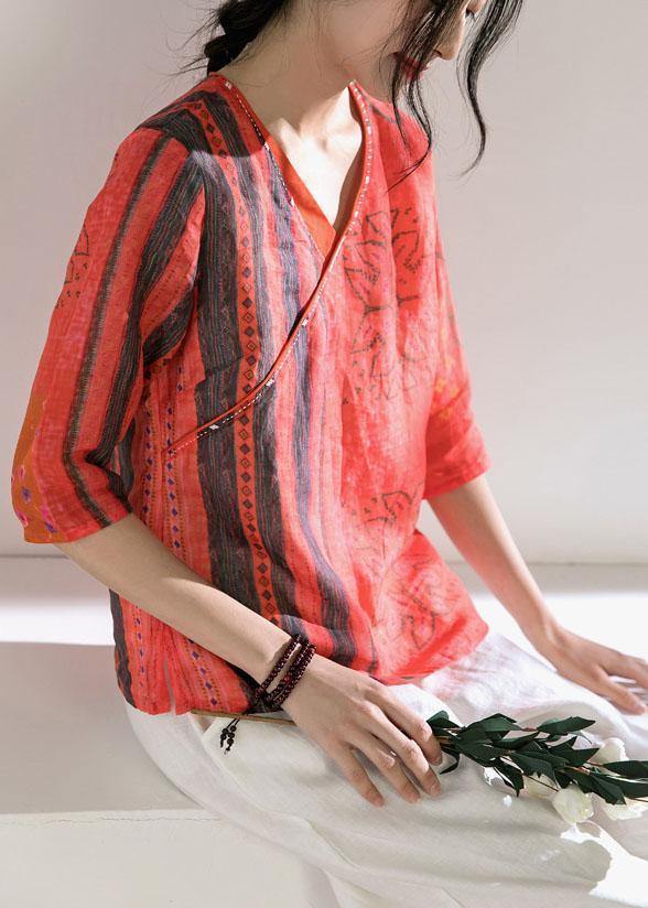 V Neck Half Sleeve Linen Blouse Shirts Red Print Top