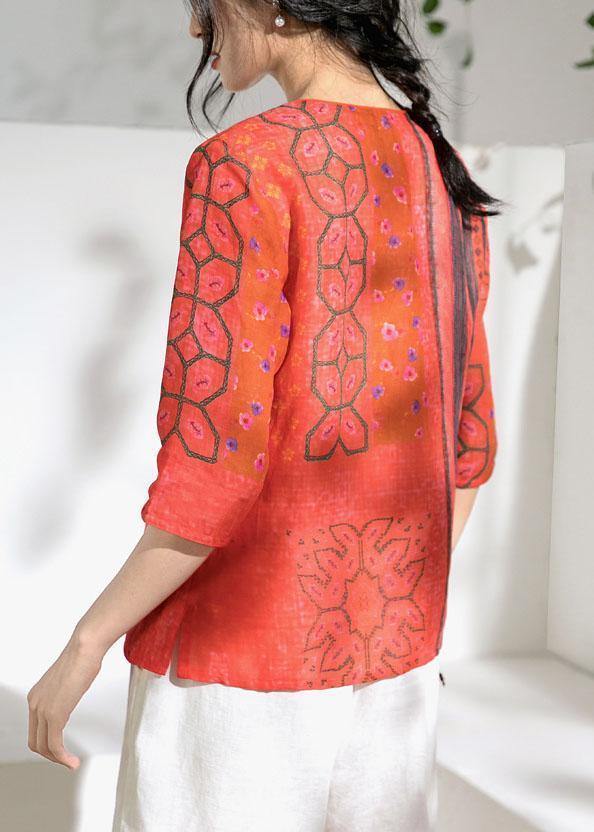 V Neck Half Sleeve Linen Blouse Shirts Red Print Top