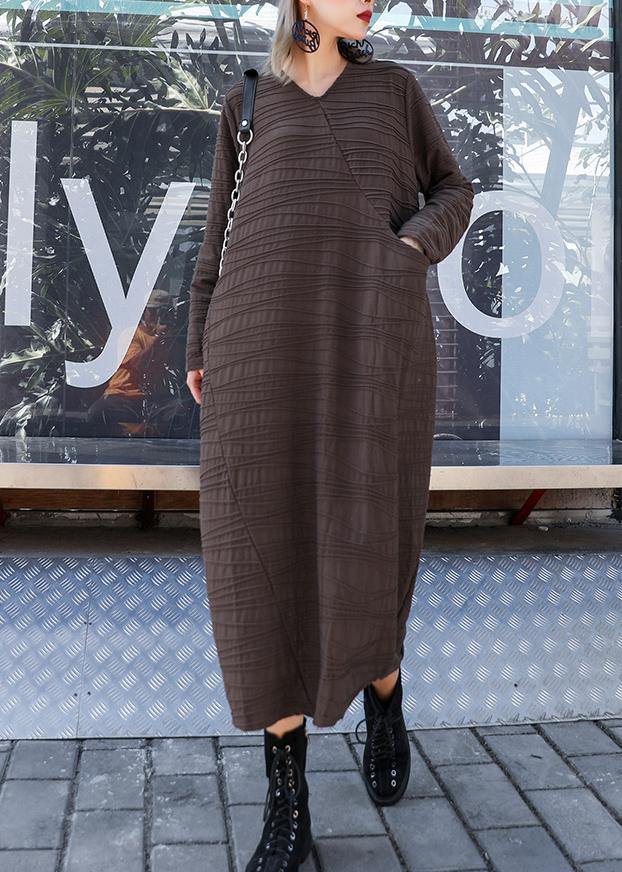 V Neck Patchwork Cotton Clothes Sleeve Chocolate Dresses
