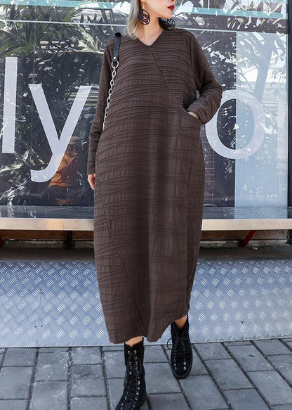 V Neck Patchwork Cotton Clothes Sleeve Chocolate Dresses