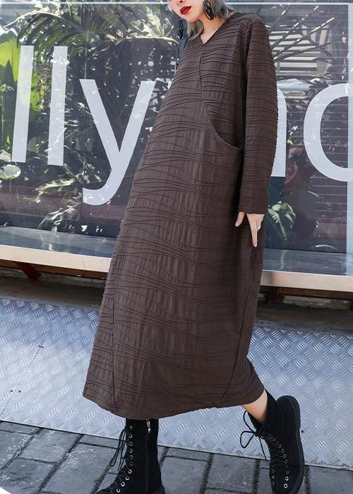 V Neck Patchwork Cotton Clothes Sleeve Chocolate Dresses