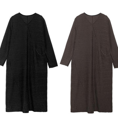 V Neck Patchwork Cotton Clothes Sleeve Chocolate Dresses
