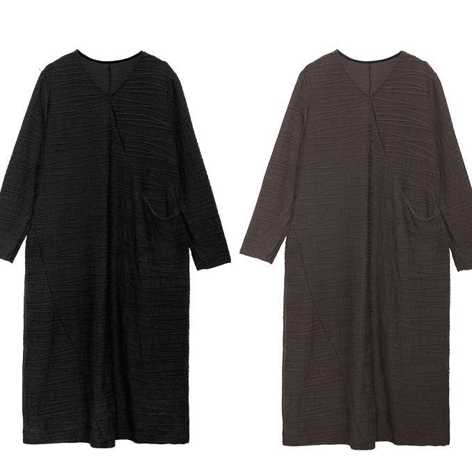 V Neck Patchwork Cotton Clothes Sleeve Chocolate Dresses