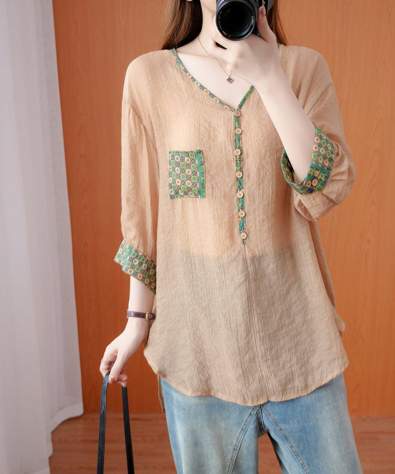 V Neck Patchwork Fall Tunic Tops Khaki Top