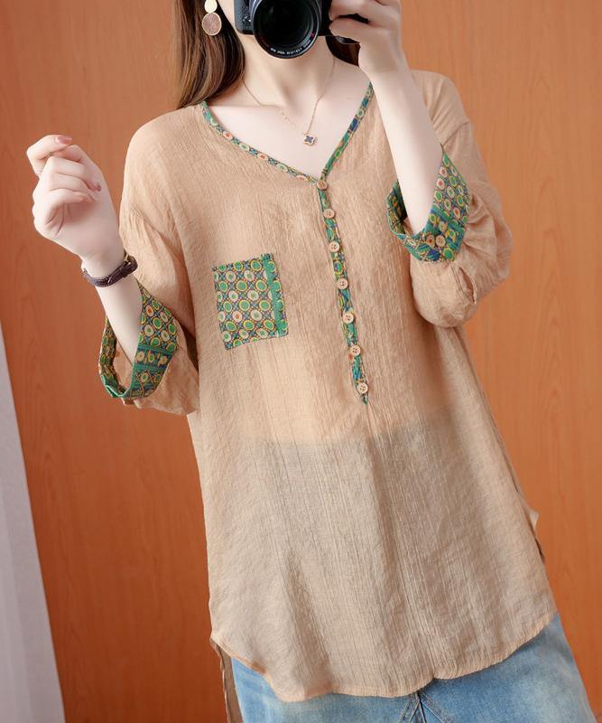 V Neck Patchwork Fall Tunic Tops Khaki Top