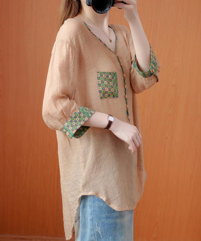 V Neck Patchwork Fall Tunic Tops Khaki Top