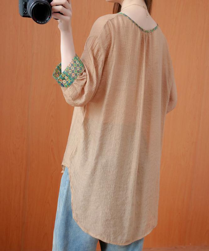 Chic v neck patchwork fall Tunic Tops khaki top