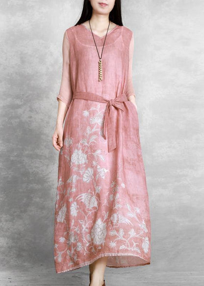 V Neck Tie Waist Wardrobes Catwalk Pink Print Dress