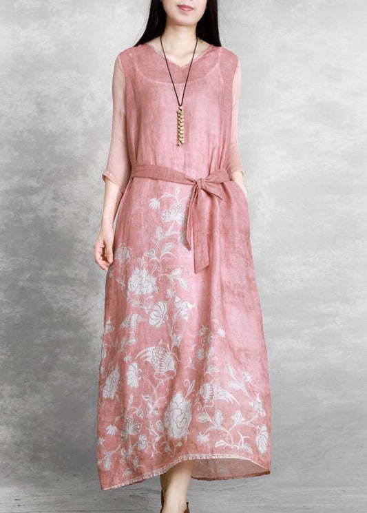 V Neck Tie Waist Wardrobes Catwalk Pink Print Dress