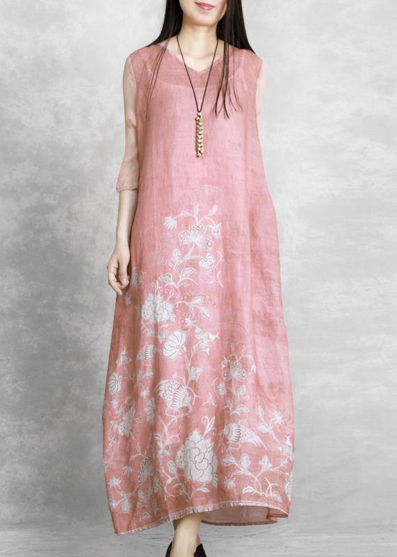 V Neck Tie Waist Wardrobes Catwalk Pink Print Dress