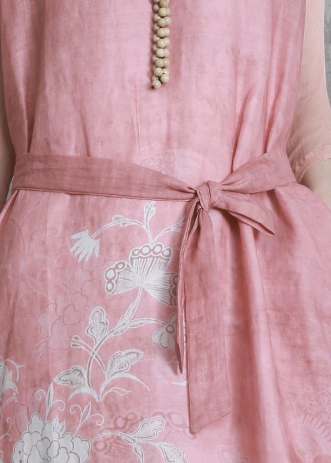 V Neck Tie Waist Wardrobes Catwalk Pink Print Dress