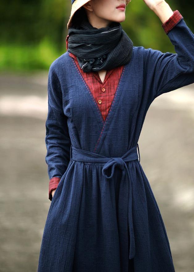 V Neck Tie Waist Spring Robes Tunic Blue Dresses