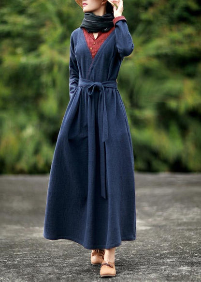 V Neck Tie Waist Spring Robes Tunic Blue Dresses