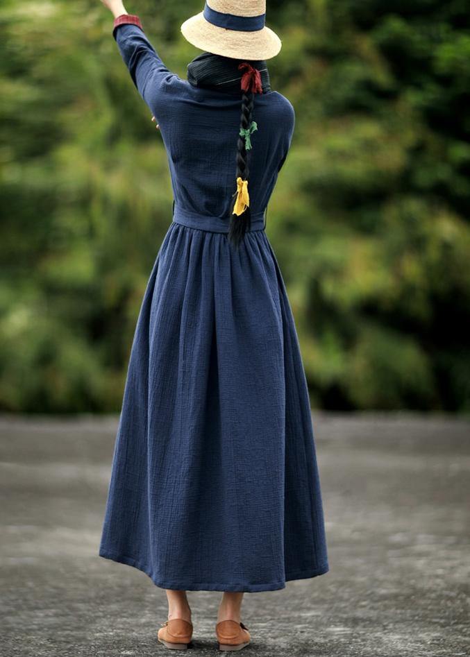V Neck Tie Waist Spring Robes Tunic Blue Dresses