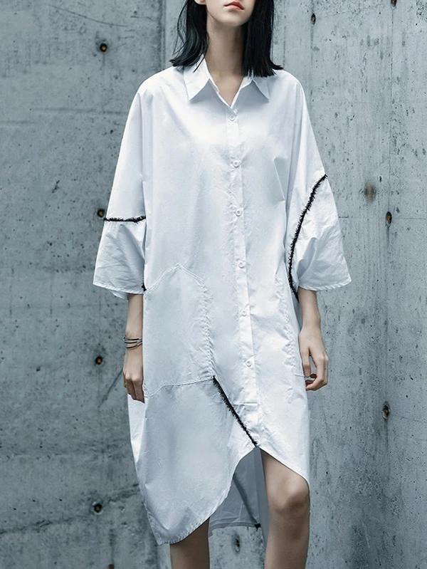 White Cotton Tunics for Lapel Asymmetric Daily Shirt Dresses