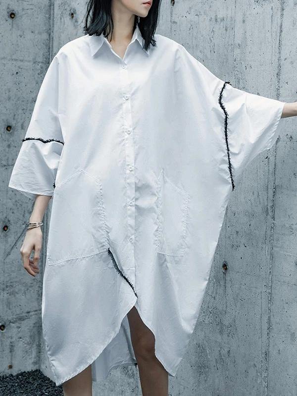 White Cotton Tunics for Lapel Asymmetric Daily Shirt Dresses