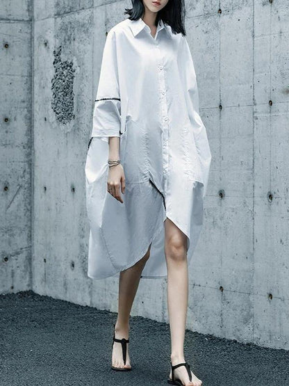 White Cotton Tunics for Lapel Asymmetric Daily Shirt Dresses