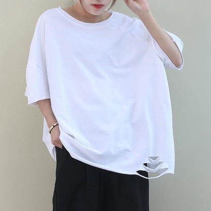 White Cotton Crane Tops O Neck Hole Oversized Shirt