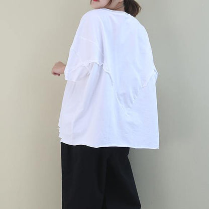 White Cotton Crane Tops O Neck Hole Oversized Shirt