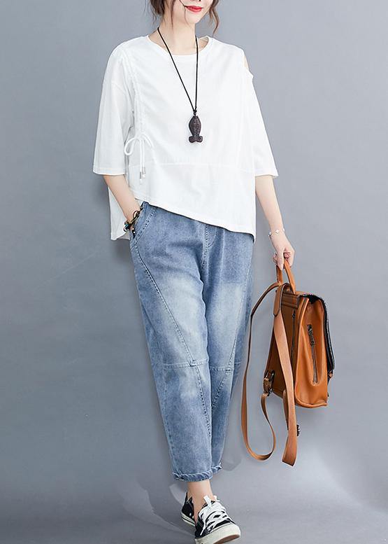 White O Neck Cotton Tunic Top Off the Shoulder Daily Summer Shirt
