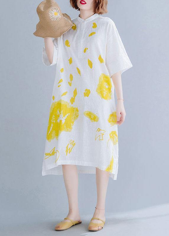 White Prints Linen Dresses Stand Collar Maxi Summer Dress