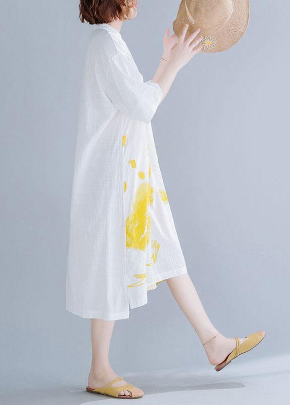 White Prints Linen Dresses Stand Collar Maxi Summer Dress