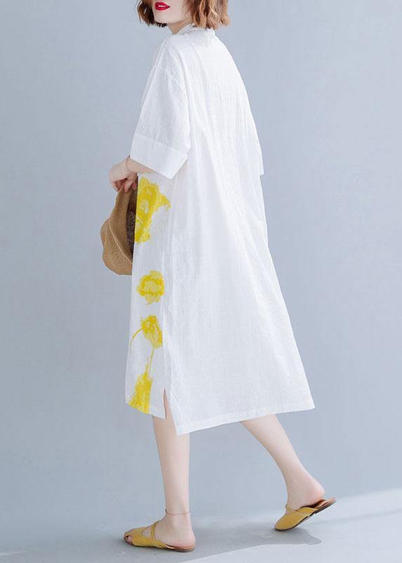 White Prints Linen Dresses Stand Collar Maxi Summer Dress