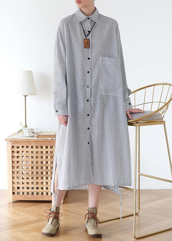 White Striped Outfit Lapel Batwing Sleeve Art Fall Dress