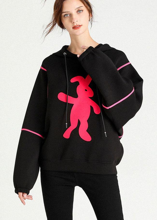 Chic Black Print Loose Hooded Fall Pullover Street Wear