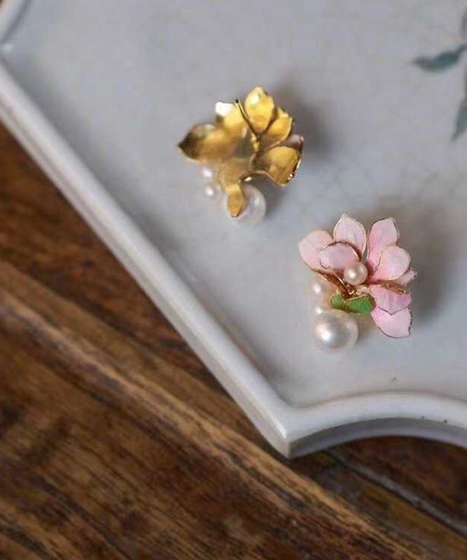 Chinese Styl Pink Sterling Silver Overgild Pearl Stud Earrings