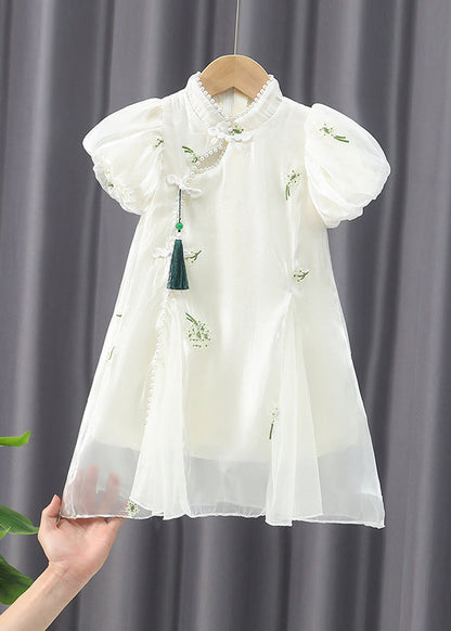 Chinese Style Apricot Embroideried Nail Bead Chiffon Long Dress Summer