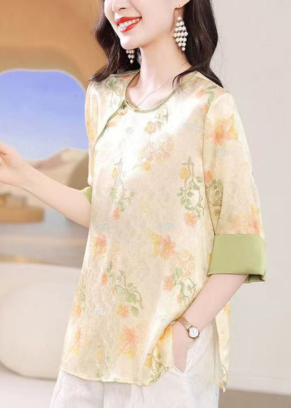 Chinese Style Apricot O-neck Jacquard Lace Up Silk Top Summer