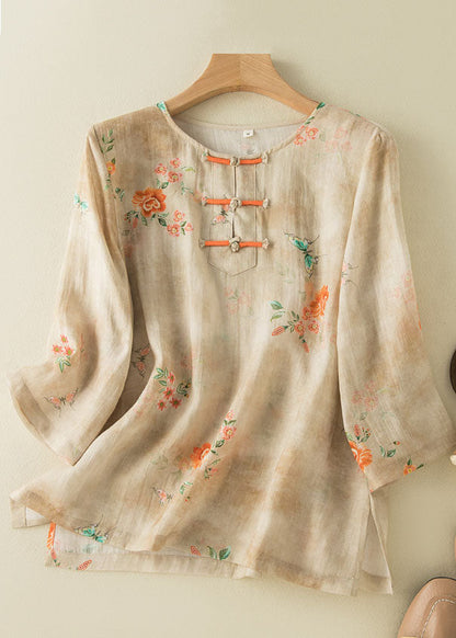 Grace Style Pink Crane O-neck Print Oriental Button Side Open Linen Shirt Top Bracelet Sleeve