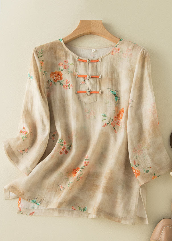 Chinese Style Apricot O-neck Print Oriental Button Side Open Linen Shirt Top Bracelet Sleeve