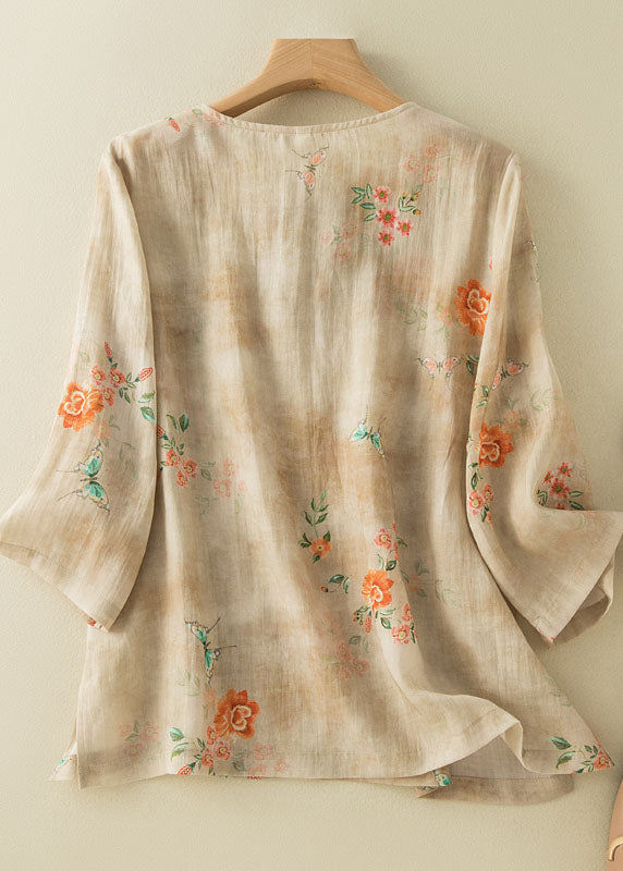 Grace Style Apricot O-neck Print Oriental Button Side Open Linen Shirt Top Bracelet Sleeve