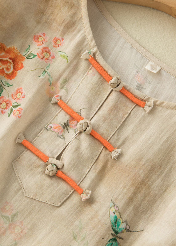 Grace Style Grey Feather O-neck Print Oriental Button Side Open Linen Shirt Top Bracelet Sleeve