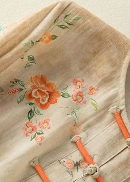 Grace Style Apricot O-neck Print Oriental Button Side Open Linen Shirt Top Bracelet Sleeve