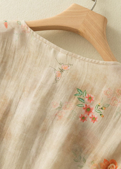 Grace Style Yellow Text O-neck Print Oriental Button Side Open Linen Shirt Top Bracelet Sleeve