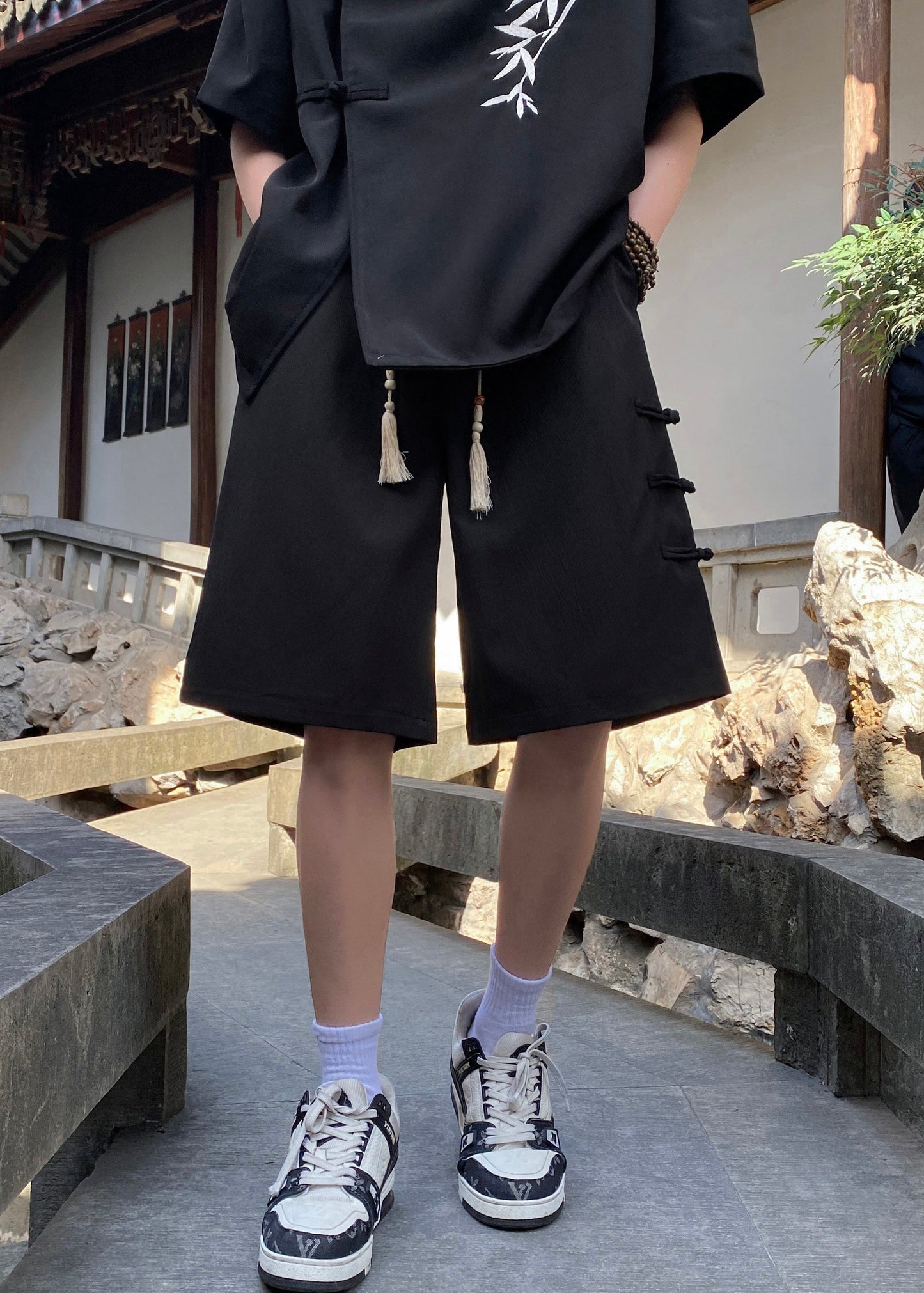 Chinese Style Apricot Oriental Button Cotton Shorts Summer