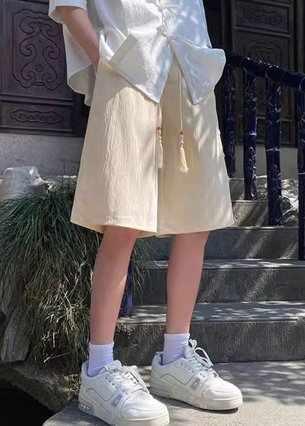 Chinese Style Apricot Oriental Button Cotton Shorts Summer