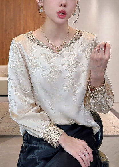 Chinese Style Apricot V Neck Silk Top Spring
