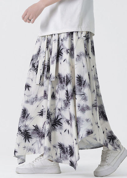 Chinese Style Asymmetrical Pockets Print Silk Pants Summer