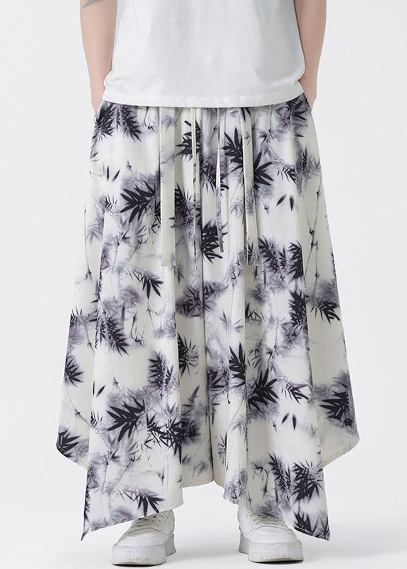 Chinese Style Asymmetrical Pockets Print Silk Pants Summer
