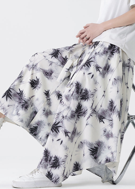 Chinese Style Asymmetrical Pockets Print Silk Pants Summer